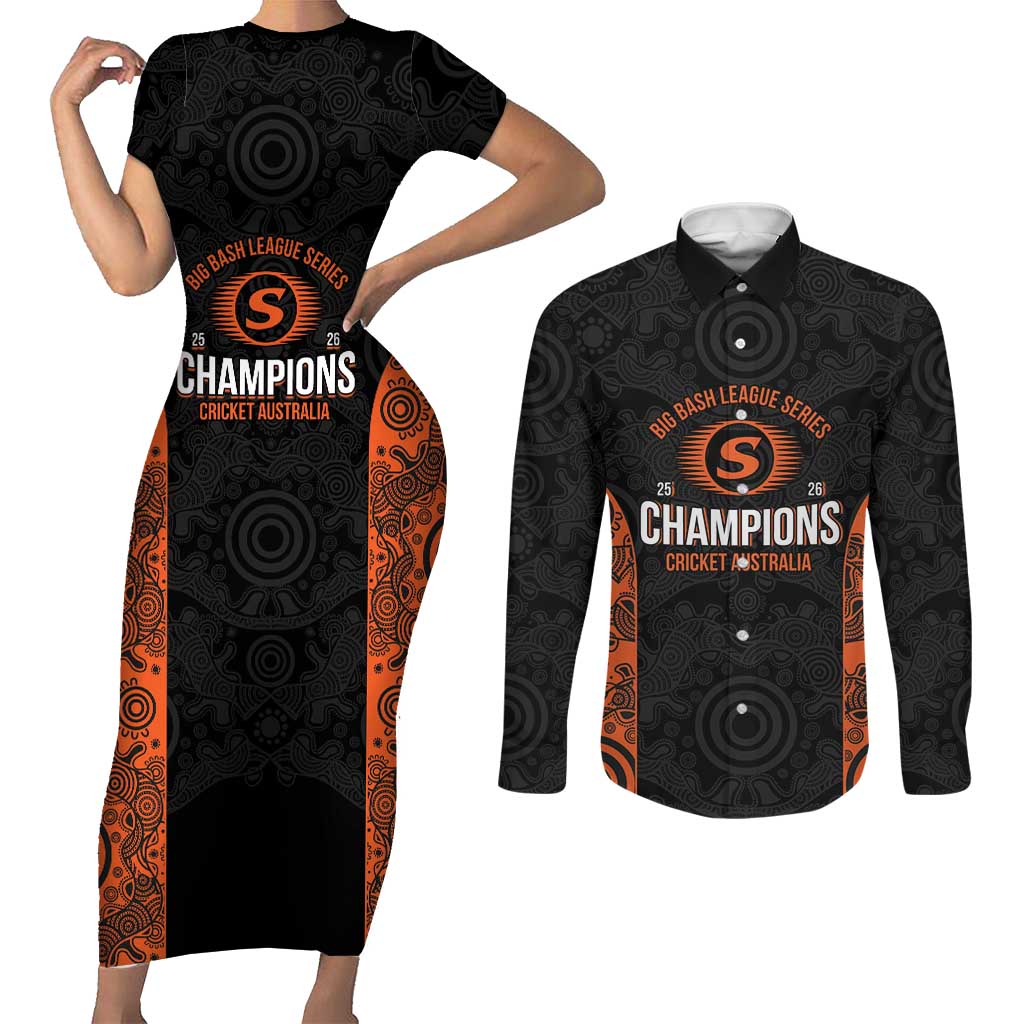 Cricket Australia Perth Champions 2026 Couples Matching Short Sleeve Bodycon Dress and Long Sleeve Button Shirt Black Aboriginal Dot Art