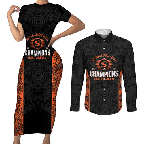 Cricket Australia Perth Champions 2026 Couples Matching Short Sleeve Bodycon Dress and Long Sleeve Button Shirt Black Aboriginal Dot Art