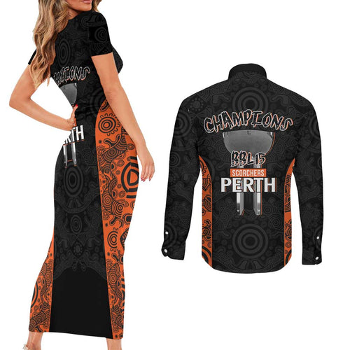 Cricket Australia Perth Champions 2026 Couples Matching Short Sleeve Bodycon Dress and Long Sleeve Button Shirt Black Aboriginal Dot Art