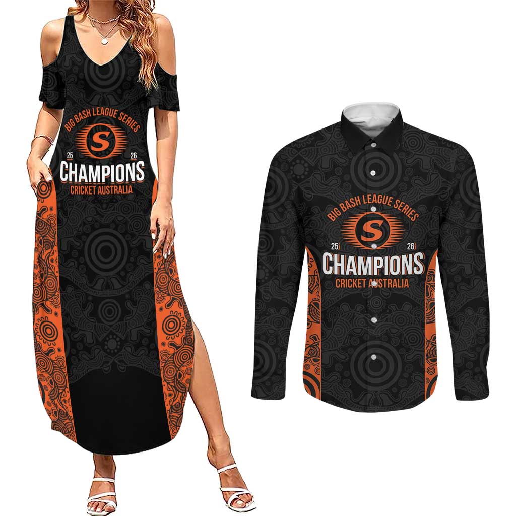 Cricket Australia Perth Champions 2026 Couples Matching Summer Maxi Dress and Long Sleeve Button Shirt Black Aboriginal Dot Art