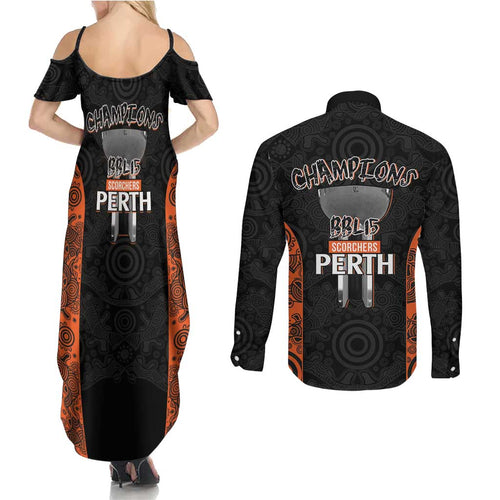 Cricket Australia Perth Champions 2026 Couples Matching Summer Maxi Dress and Long Sleeve Button Shirt Black Aboriginal Dot Art