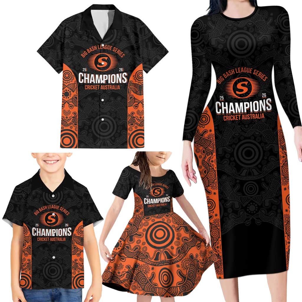 Cricket Australia Perth Champions 2026 Family Matching Long Sleeve Bodycon Dress and Hawaiian Shirt Black Aboriginal Dot Art
