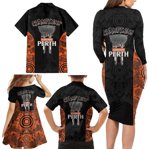 Cricket Australia Perth Champions 2026 Family Matching Long Sleeve Bodycon Dress and Hawaiian Shirt Black Aboriginal Dot Art