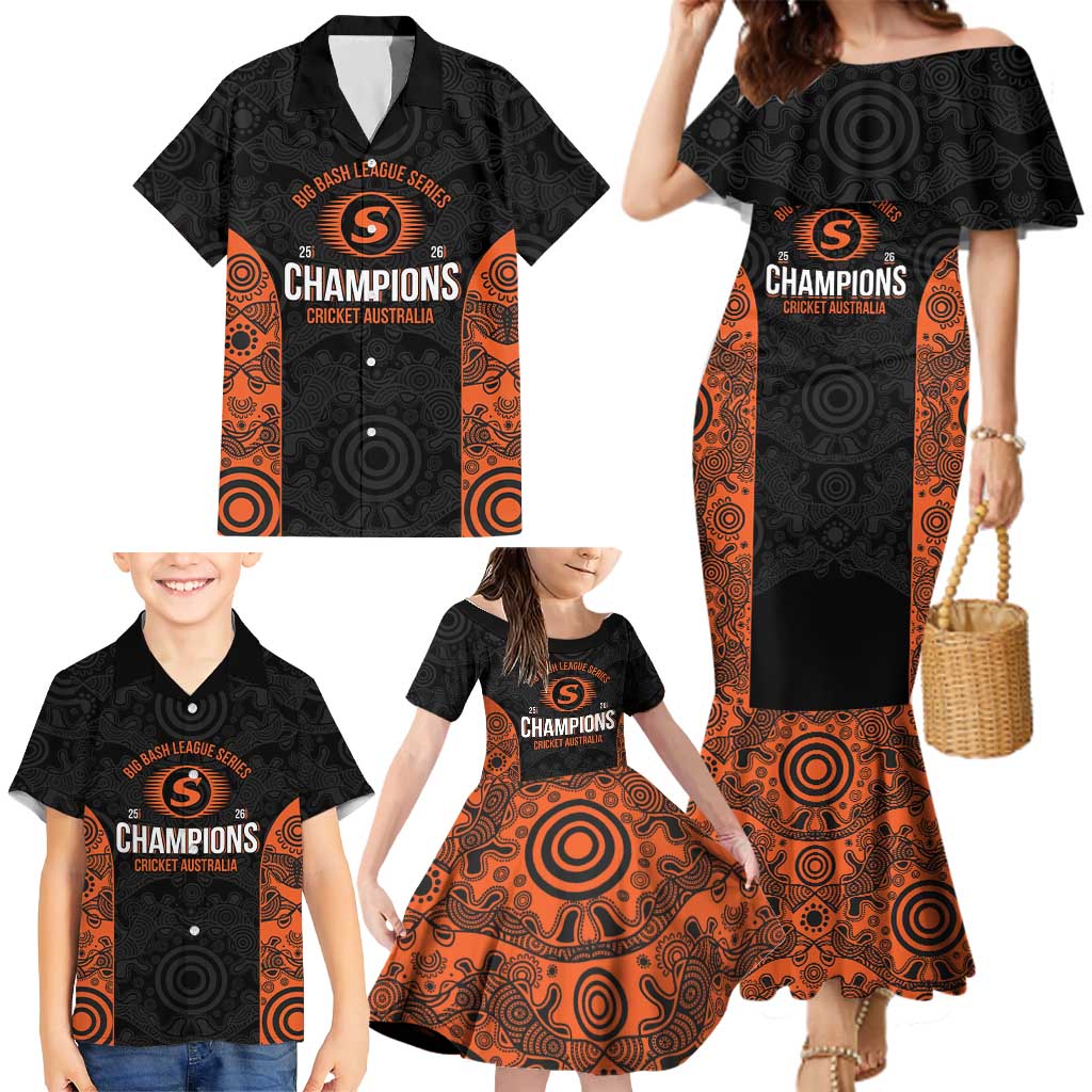 Cricket Australia Perth Champions 2026 Family Matching Mermaid Dress and Hawaiian Shirt Black Aboriginal Dot Art