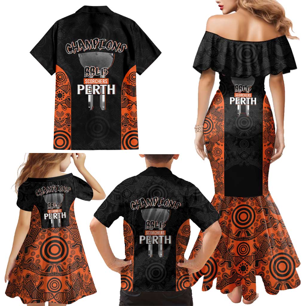 Cricket Australia Perth Champions 2026 Family Matching Mermaid Dress and Hawaiian Shirt Black Aboriginal Dot Art