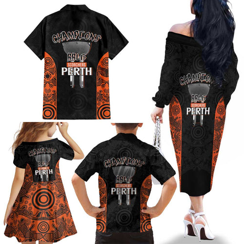 Cricket Australia Perth Champions 2026 Family Matching Off The Shoulder Long Sleeve Dress and Hawaiian Shirt Black Aboriginal Dot Art