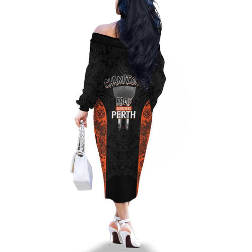 Cricket Australia Perth Champions 2026 Family Matching Off The Shoulder Long Sleeve Dress and Hawaiian Shirt Black Aboriginal Dot Art