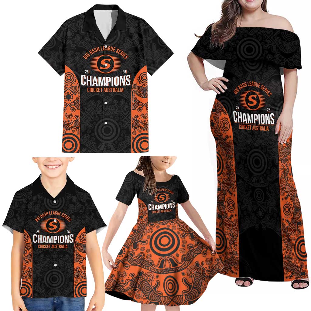 Cricket Australia Perth Champions 2026 Family Matching Off Shoulder Maxi Dress and Hawaiian Shirt Black Aboriginal Dot Art