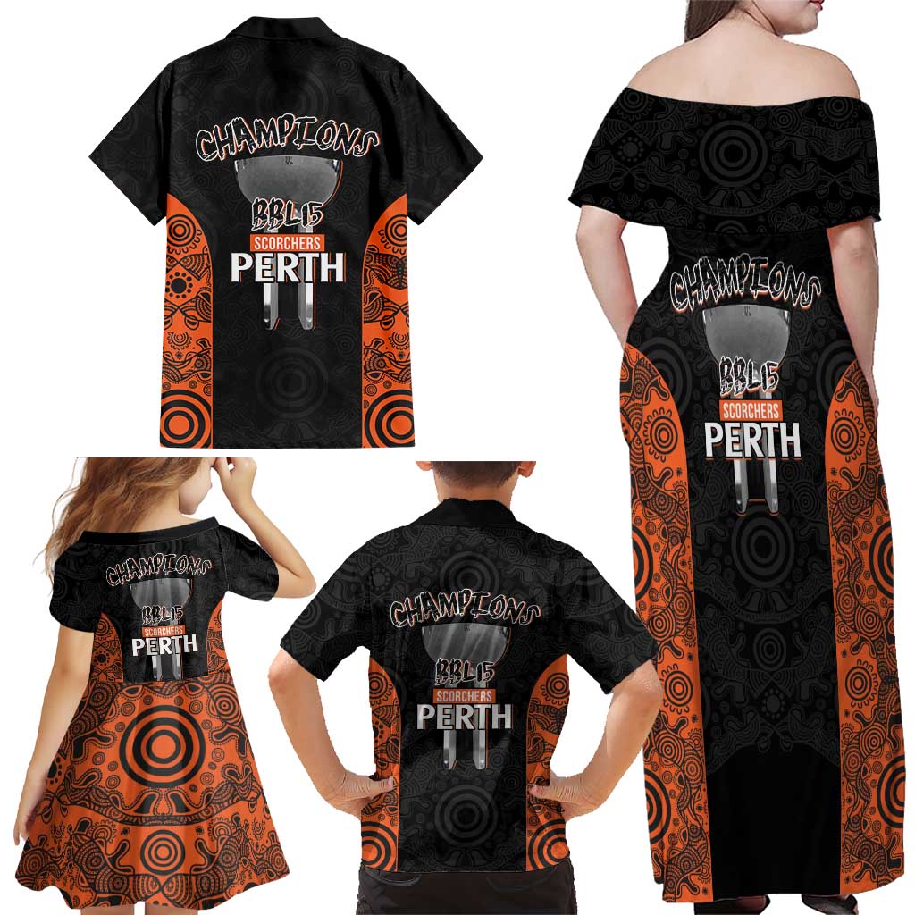 Cricket Australia Perth Champions 2026 Family Matching Off Shoulder Maxi Dress and Hawaiian Shirt Black Aboriginal Dot Art