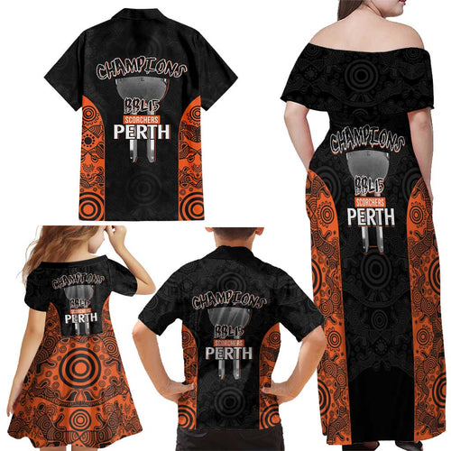 Cricket Australia Perth Champions 2026 Family Matching Off Shoulder Maxi Dress and Hawaiian Shirt Black Aboriginal Dot Art