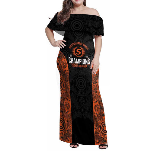 Cricket Australia Perth Champions 2026 Family Matching Off Shoulder Maxi Dress and Hawaiian Shirt Black Aboriginal Dot Art