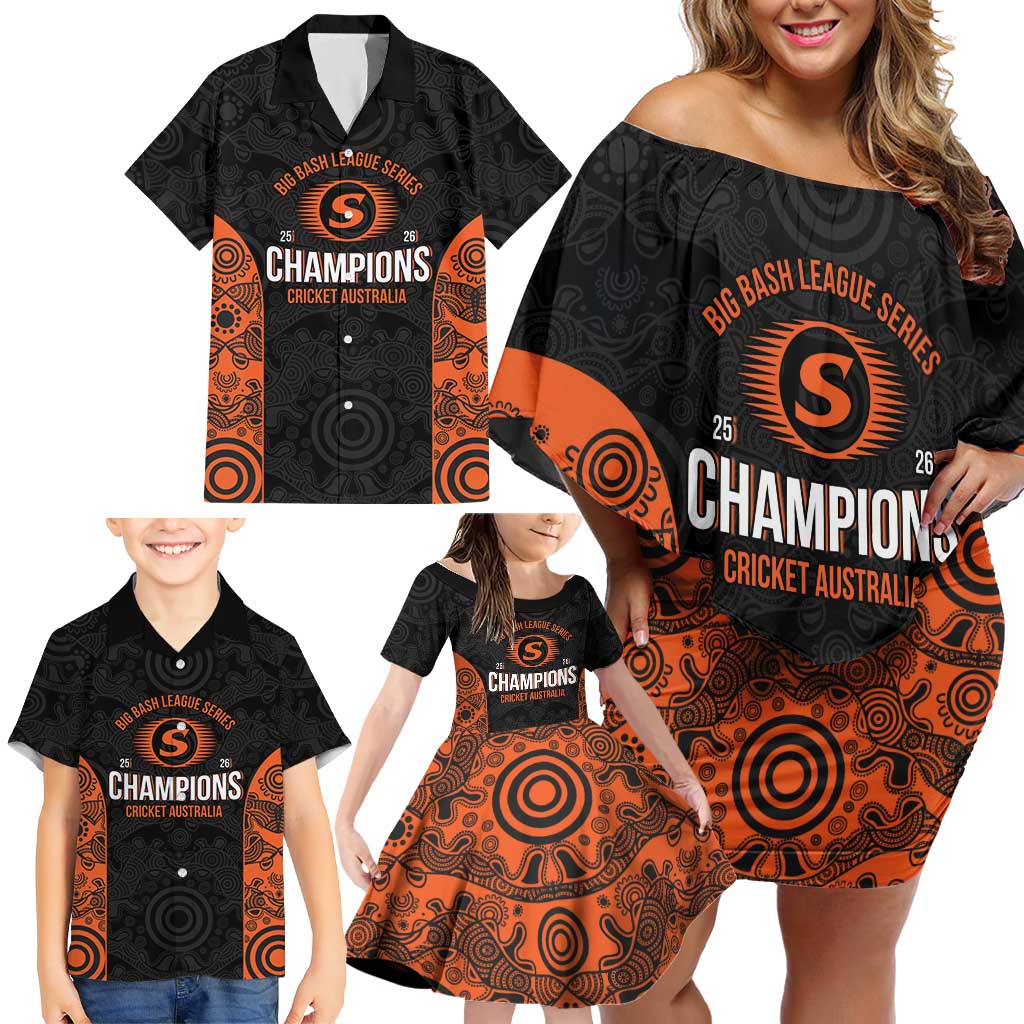 Cricket Australia Perth Champions 2026 Family Matching Off Shoulder Short Dress and Hawaiian Shirt Black Aboriginal Dot Art