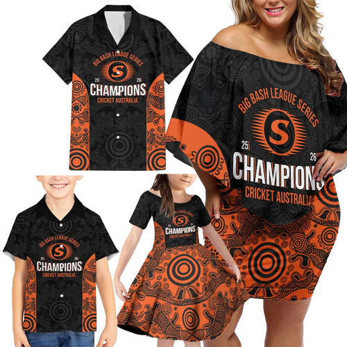 Cricket Australia Perth Champions 2026 Family Matching Off Shoulder Short Dress and Hawaiian Shirt Black Aboriginal Dot Art
