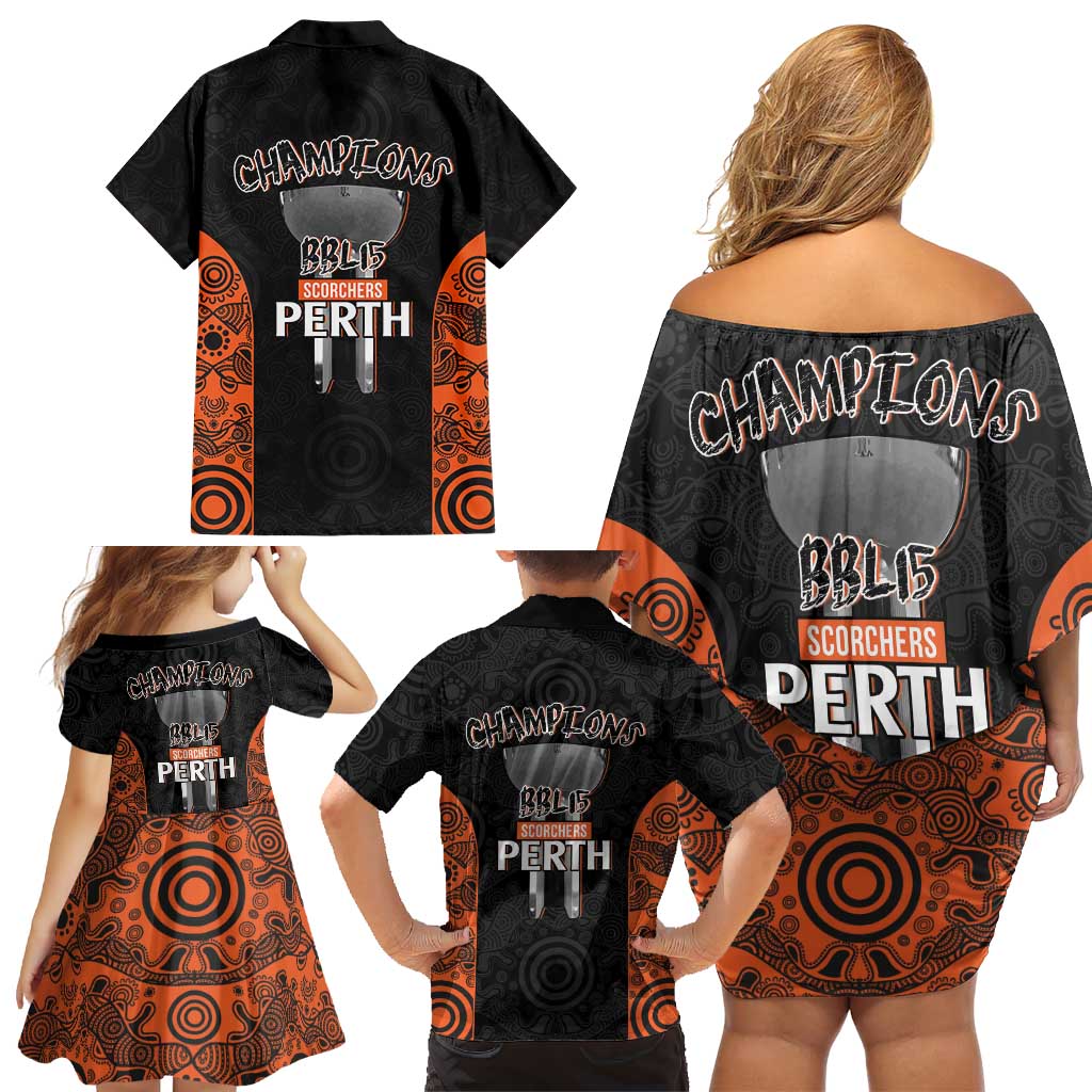 Cricket Australia Perth Champions 2026 Family Matching Off Shoulder Short Dress and Hawaiian Shirt Black Aboriginal Dot Art
