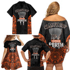Cricket Australia Perth Champions 2026 Family Matching Off Shoulder Short Dress and Hawaiian Shirt Black Aboriginal Dot Art