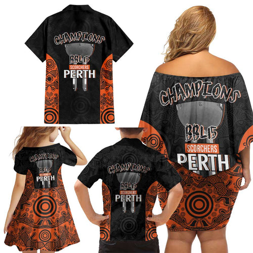 Cricket Australia Perth Champions 2026 Family Matching Off Shoulder Short Dress and Hawaiian Shirt Black Aboriginal Dot Art