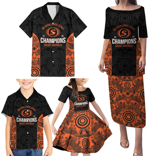 Cricket Australia Perth Champions 2026 Family Matching Puletasi and Hawaiian Shirt Black Aboriginal Dot Art