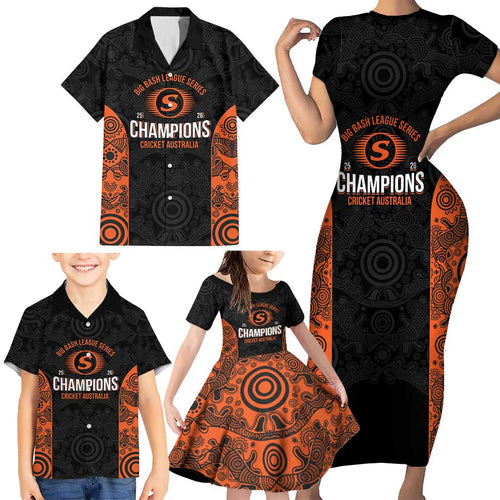 Cricket Australia Perth Champions 2026 Family Matching Short Sleeve Bodycon Dress and Hawaiian Shirt Black Aboriginal Dot Art