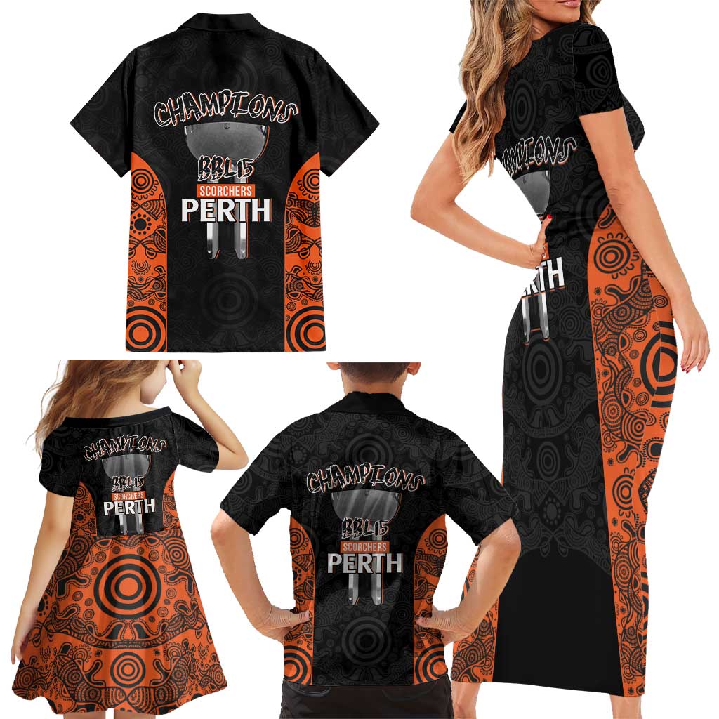 Cricket Australia Perth Champions 2026 Family Matching Short Sleeve Bodycon Dress and Hawaiian Shirt Black Aboriginal Dot Art