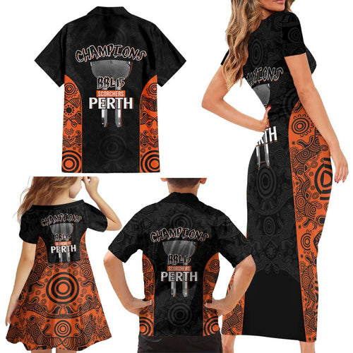 Cricket Australia Perth Champions 2026 Family Matching Short Sleeve Bodycon Dress and Hawaiian Shirt Black Aboriginal Dot Art