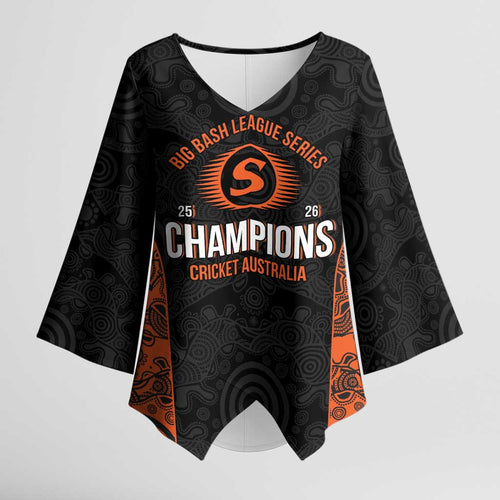 Cricket Australia Perth Champions 2026 Kimono Sleeve Blouse Black Aboriginal Dot Art
