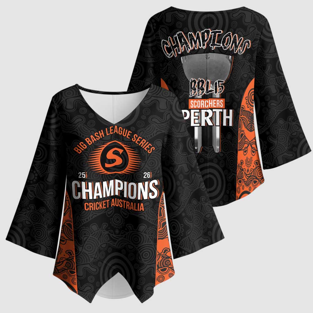Cricket Australia Perth Champions 2026 Kimono Sleeve Blouse Black Aboriginal Dot Art