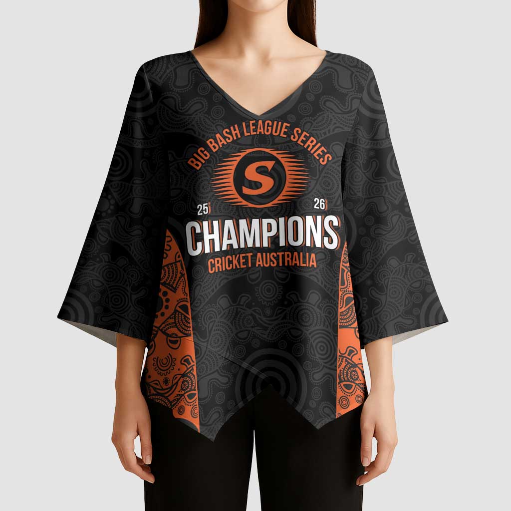 Cricket Australia Perth Champions 2026 Kimono Sleeve Blouse Black Aboriginal Dot Art