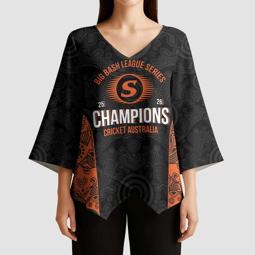 Cricket Australia Perth Champions 2026 Kimono Sleeve Blouse Black Aboriginal Dot Art