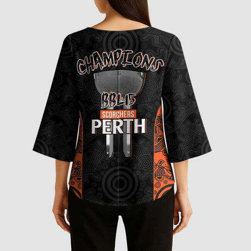 Cricket Australia Perth Champions 2026 Kimono Sleeve Blouse Black Aboriginal Dot Art