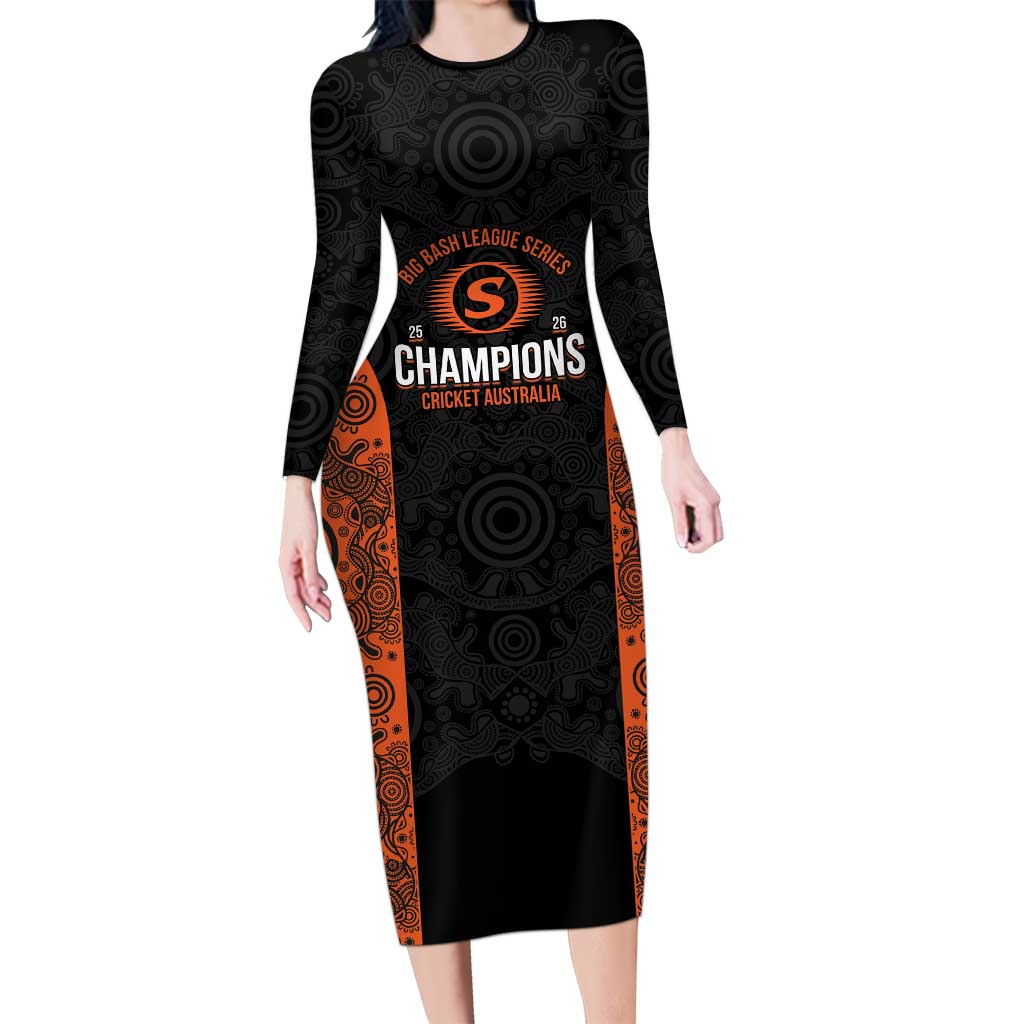 Cricket Australia Perth Champions 2026 Long Sleeve Bodycon Dress Black Aboriginal Dot Art