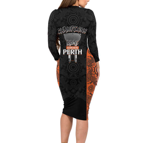 Cricket Australia Perth Champions 2026 Long Sleeve Bodycon Dress Black Aboriginal Dot Art