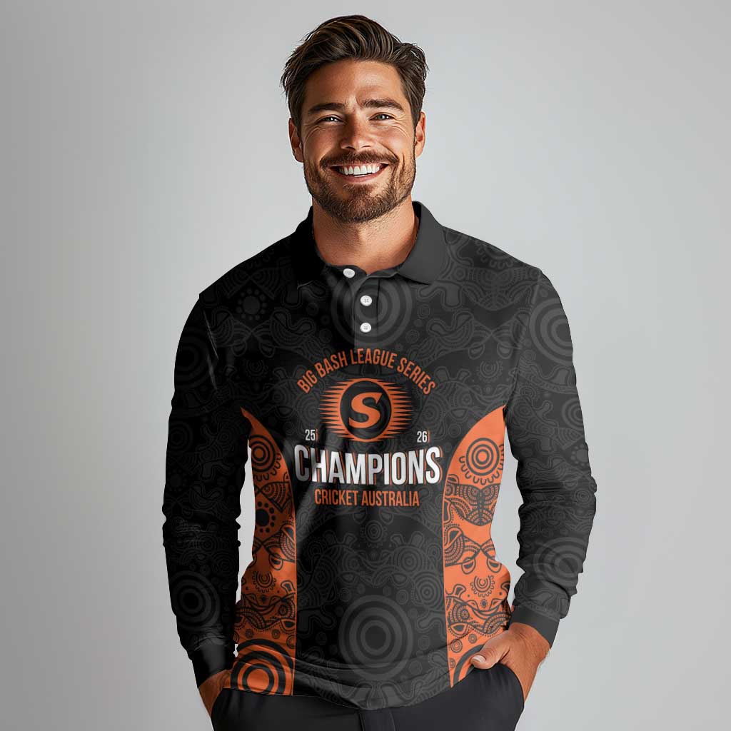 Cricket Australia Perth Champions 2026 Long Sleeve Polo Shirt Black Aboriginal Dot Art