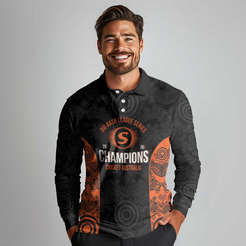 Cricket Australia Perth Champions 2026 Long Sleeve Polo Shirt Black Aboriginal Dot Art