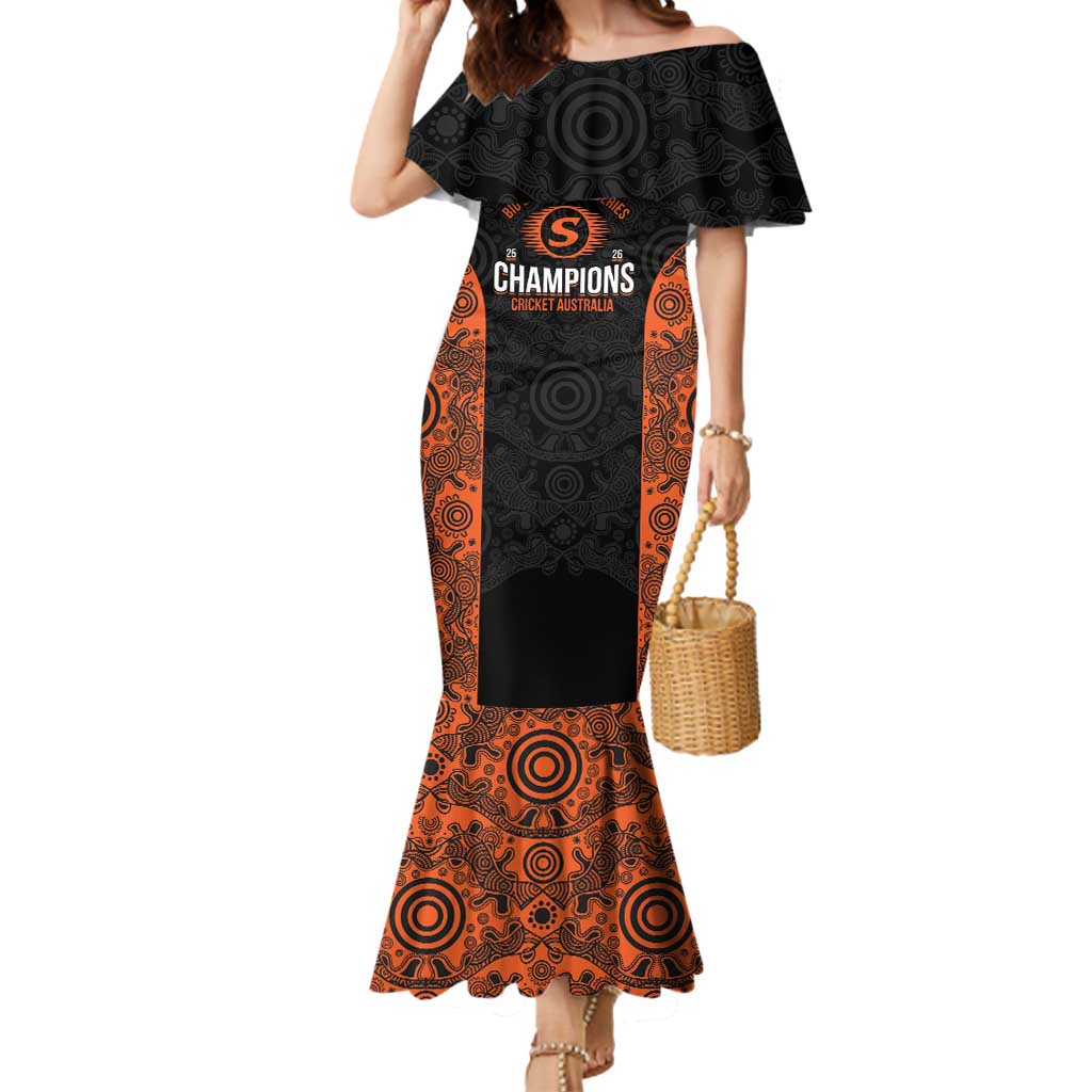 Cricket Australia Perth Champions 2026 Mermaid Dress Black Aboriginal Dot Art