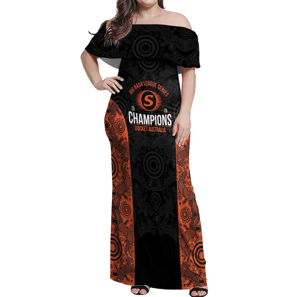 Cricket Australia Perth Champions 2026 Off Shoulder Maxi Dress Black Aboriginal Dot Art