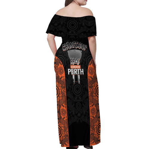 Cricket Australia Perth Champions 2026 Off Shoulder Maxi Dress Black Aboriginal Dot Art