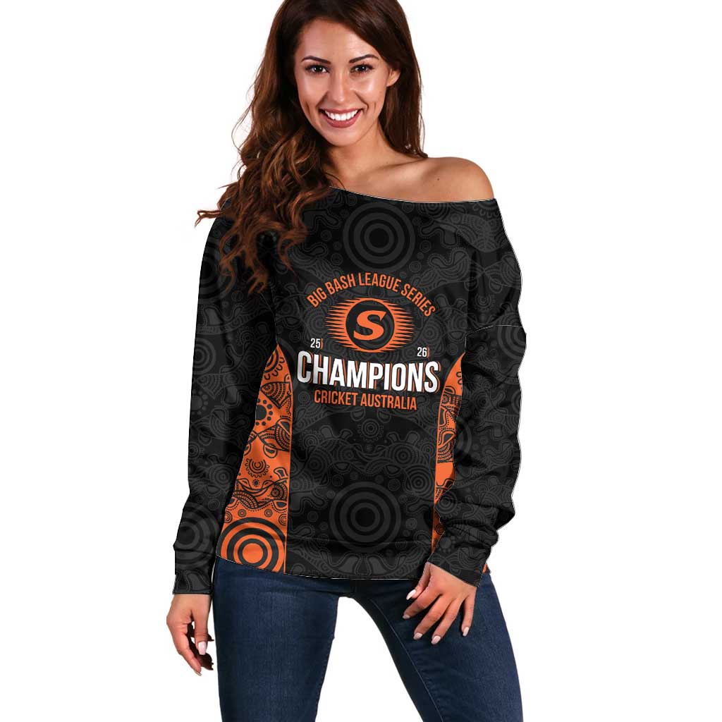 Cricket Australia Perth Champions 2026 Off Shoulder Sweater Black Aboriginal Dot Art