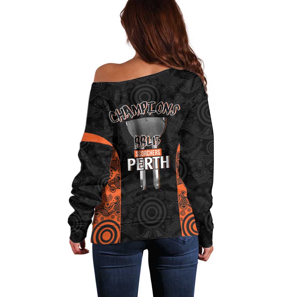 Cricket Australia Perth Champions 2026 Off Shoulder Sweater Black Aboriginal Dot Art