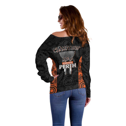 Cricket Australia Perth Champions 2026 Off Shoulder Sweater Black Aboriginal Dot Art