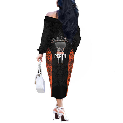 Cricket Australia Perth Champions 2026 Off The Shoulder Long Sleeve Dress Black Aboriginal Dot Art