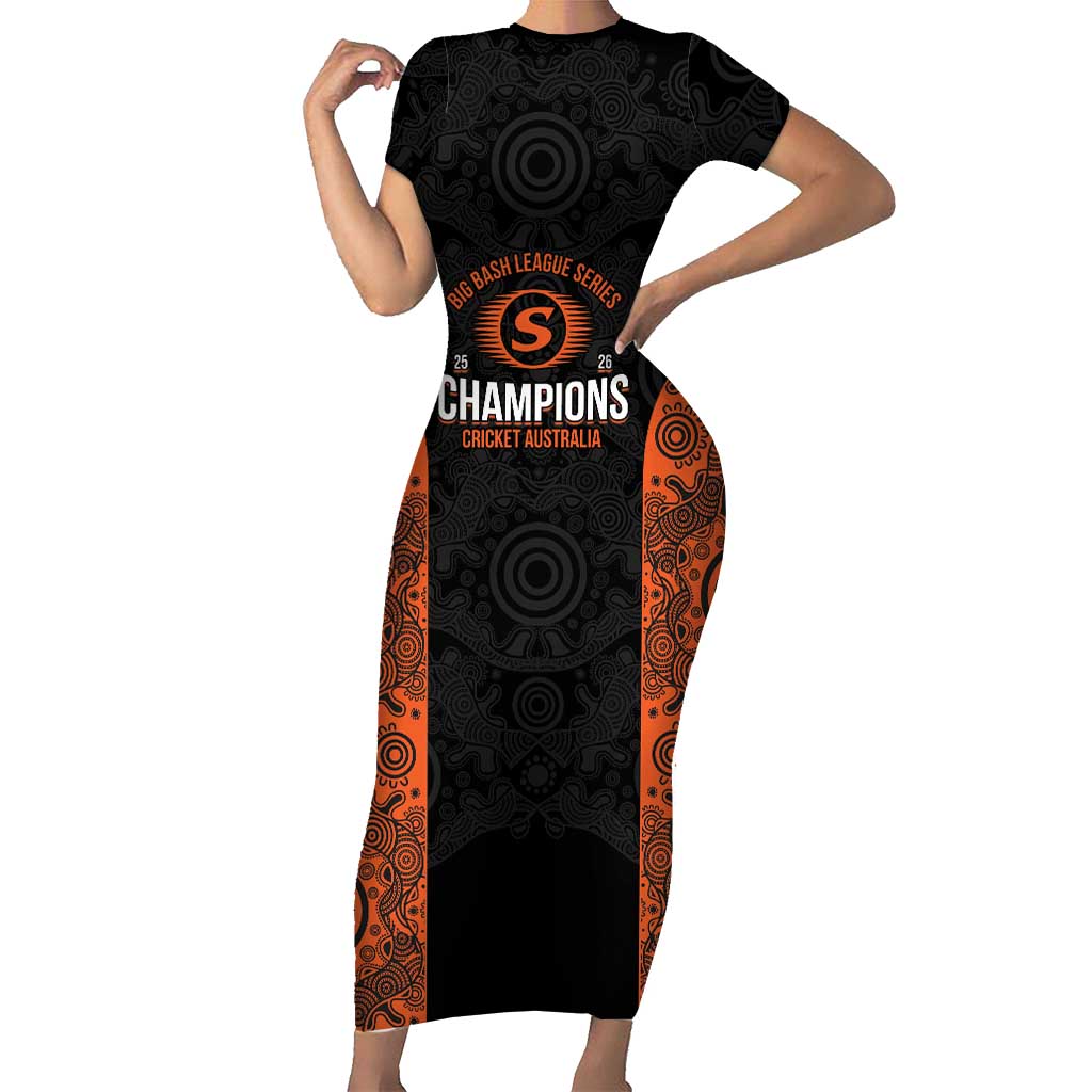 Cricket Australia Perth Champions 2026 Short Sleeve Bodycon Dress Black Aboriginal Dot Art