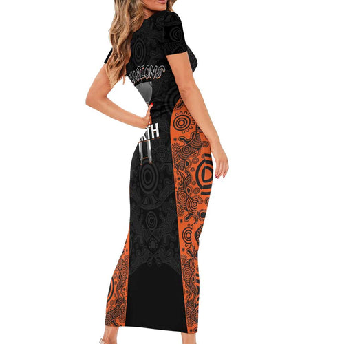 Cricket Australia Perth Champions 2026 Short Sleeve Bodycon Dress Black Aboriginal Dot Art