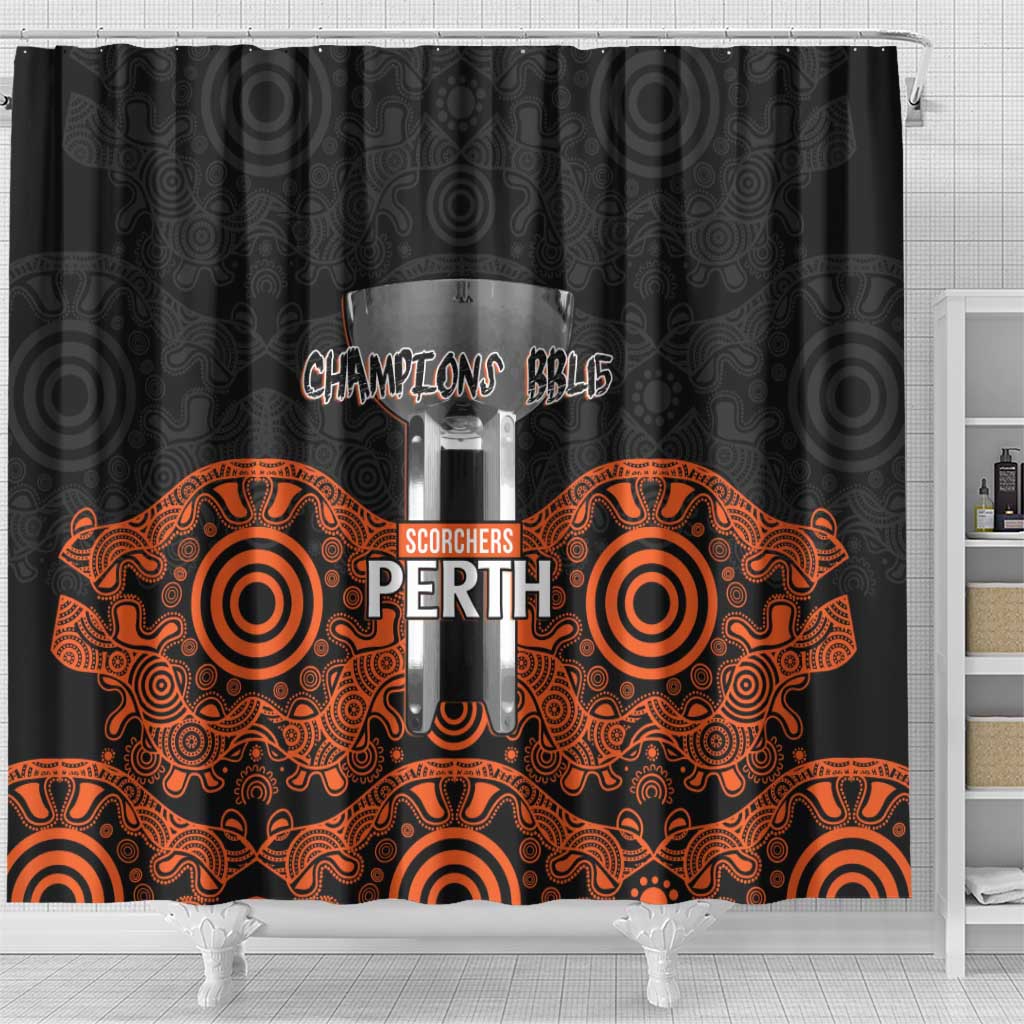 Cricket Australia Perth Champions 2026 Shower Curtain Black Aboriginal Dot Art