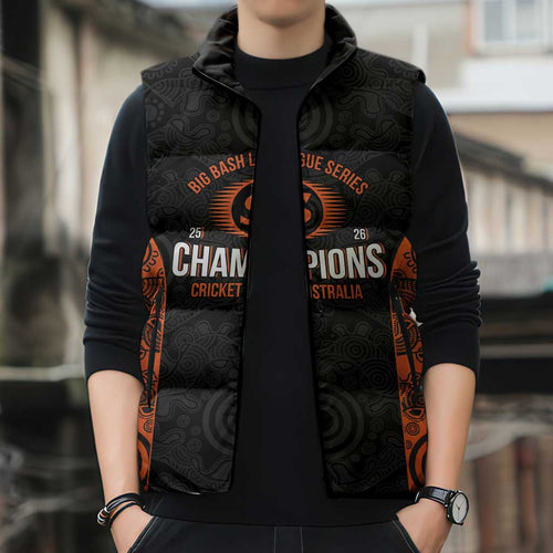 Cricket Australia Perth Champions 2026 Sleeveless Puffer Jacket Black Aboriginal Dot Art