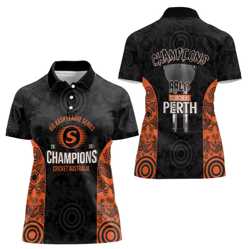 Cricket Australia Perth Champions 2026 Women Polo Shirt Black Aboriginal Dot Art