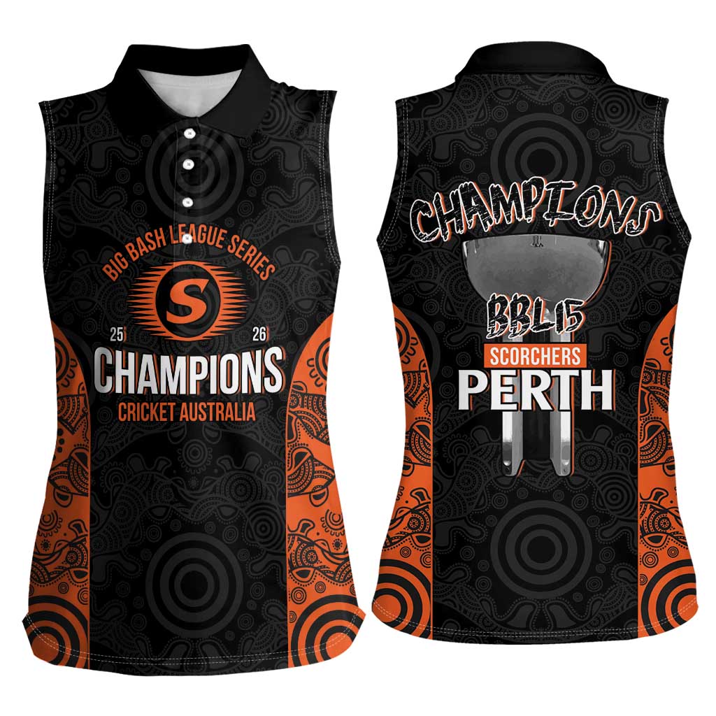 Cricket Australia Perth Champions 2026 Women Sleeveless Polo Shirt Black Aboriginal Dot Art