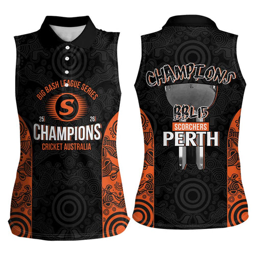 Cricket Australia Perth Champions 2026 Women Sleeveless Polo Shirt Black Aboriginal Dot Art