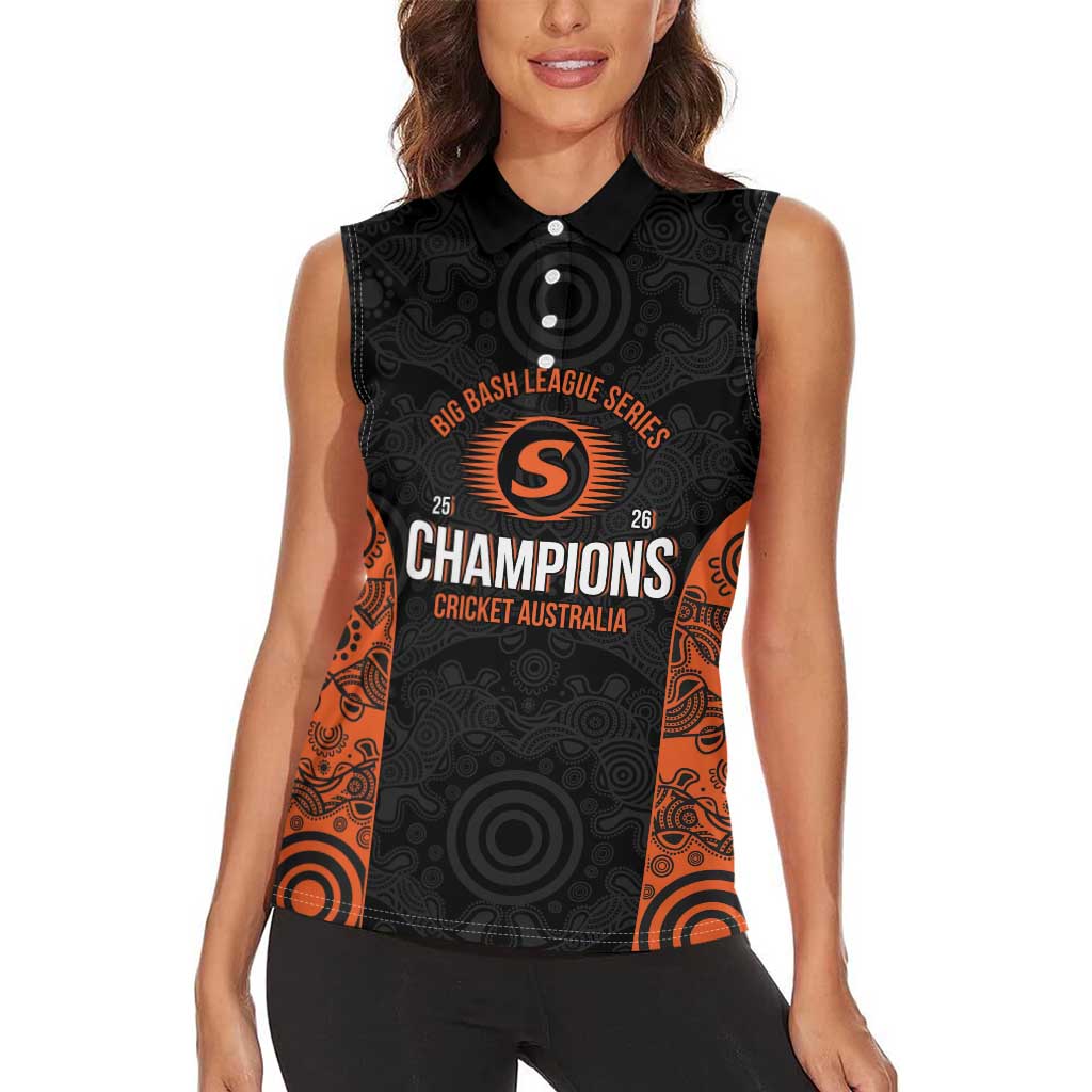 Cricket Australia Perth Champions 2026 Women Sleeveless Polo Shirt Black Aboriginal Dot Art