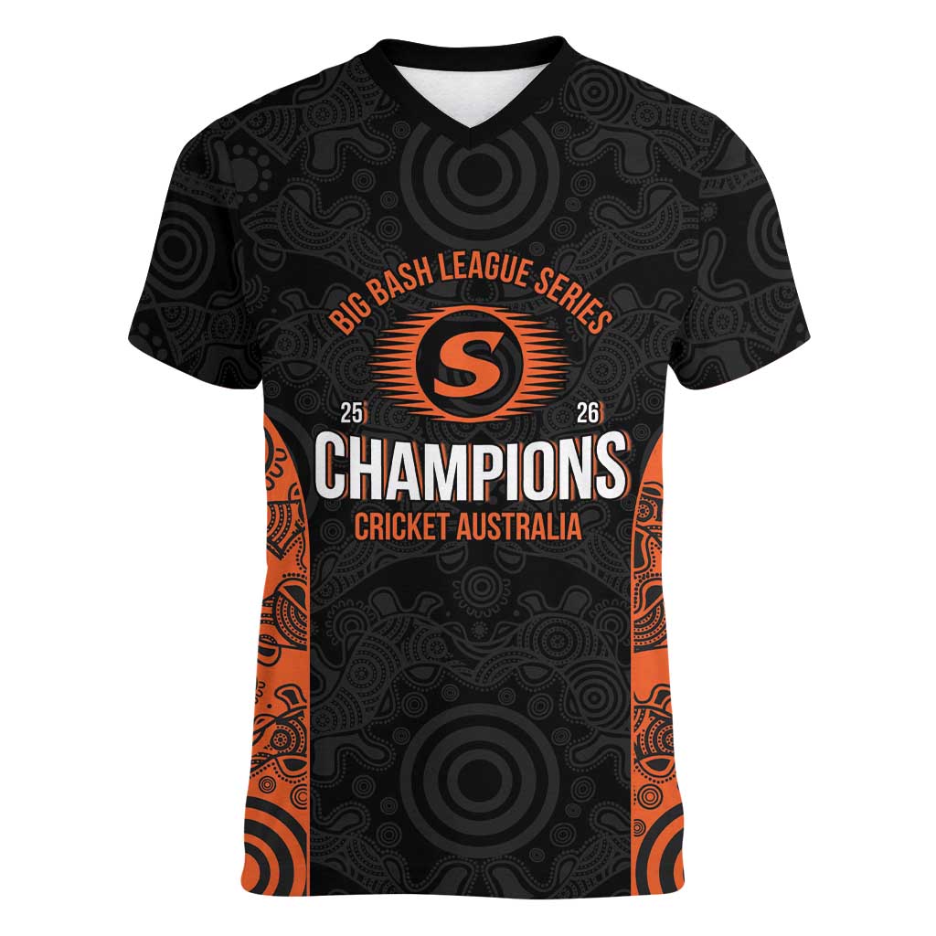 Cricket Australia Perth Champions 2026 Women V-Neck T-Shirt Black Aboriginal Dot Art