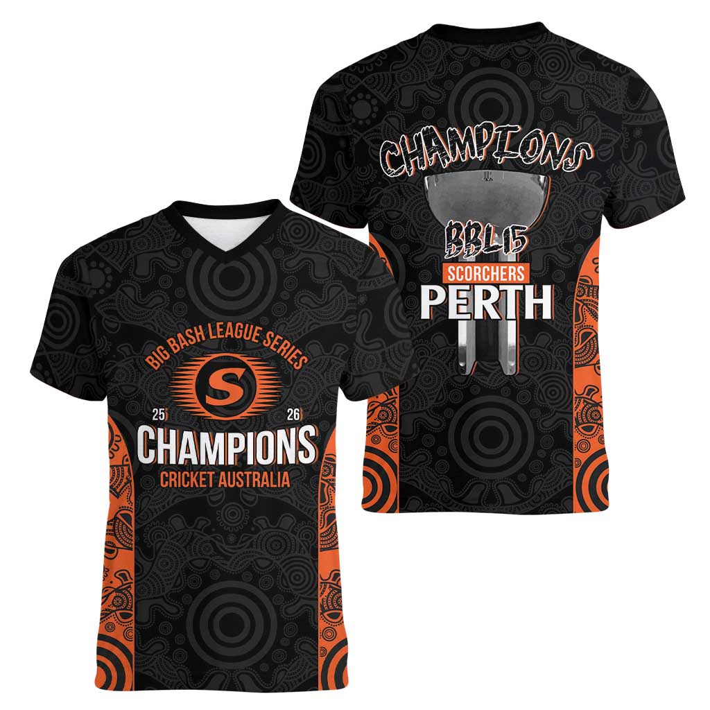 Cricket Australia Perth Champions 2026 Women V-Neck T-Shirt Black Aboriginal Dot Art